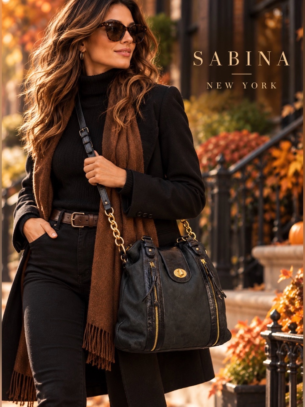 Sabina New York Genuine Leather Black Convertible Satchel Crossbody Bag